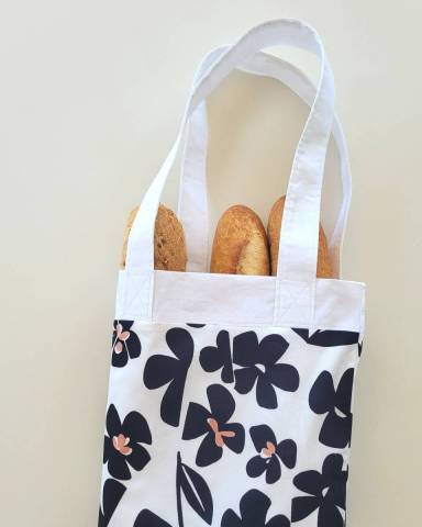Sac à baguette/ pain doublé. Conservation zéro déchet fleurs noir